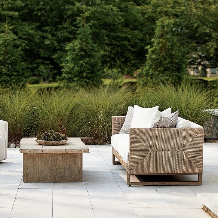 Outdoor sofa and lounge chairs on a patio