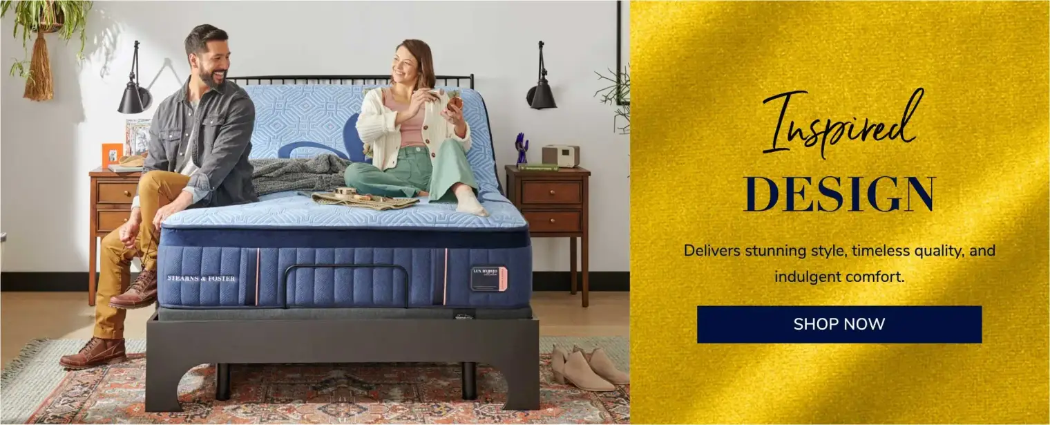 Couple on a Stearns & Foster mattress with text overlay.